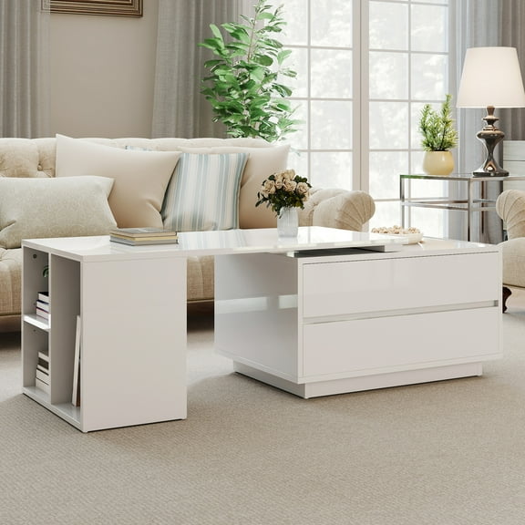 Craftian High Gloss Coffee Table with LED Lights, Extendable Table with Drawers, White