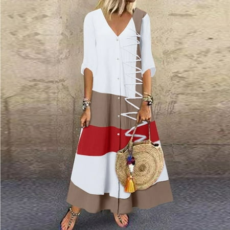 

jsaierl Women s Fashion Casual Short Sleeve V-Neck Button Print Maxi Loose Long Dress for Women 2022