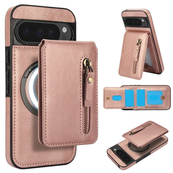 Allytechgroup 2 in 1 Wallet Case for Google Pixel 9 / 9 Pro, with PU Leather TPU Inner Compatible with Magsafe Cards Slots Zipper Pocket Magnetic Cover Phone Case for Women Men, Rosegold