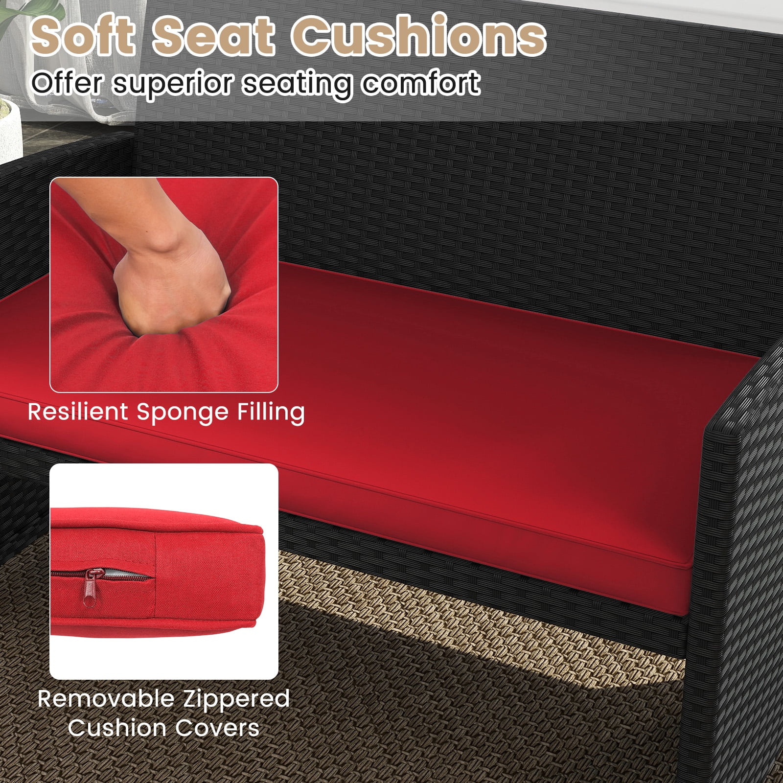 Costway 4PCS Patio Rattan Furniture Conversation Set Cushion Sofa Table Garden Red
