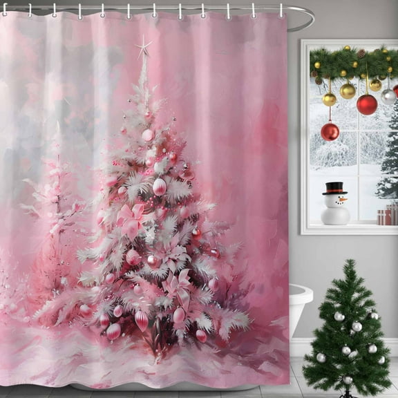 Winter Pink Christmas Tree Xmas Balls Shower Curtain for Bathroom, Retro Oil Painting Style Waterproof Shower Curtains Washable Quick Dry with Hooks Bathtub Curtains 72x72IN
