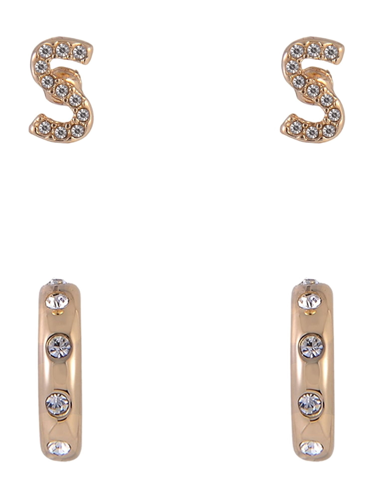 Time and Tru Goldtone 5pc Crystal Studs Hoop Initial "S"Earring Set