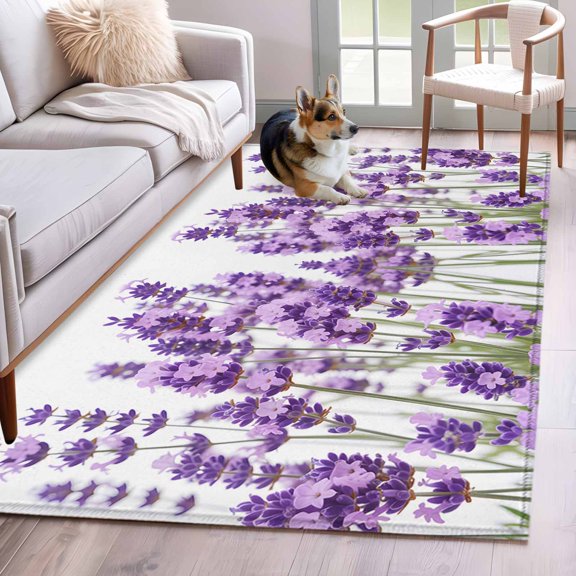Purple Lavender Area Rug 3x5 FT, Non Slip Entryway Bedside Carpet, Farmhouse Pastoral Botanical Floral Washable Floor Carpet Indoor Mat Non-Shedding Throw Rug for Dorm Kitchen Home Office