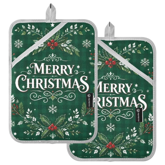 Ryvnso Merry Christmas Green Pattern Oven Mitts Heat Resistant Pot Holders Set of 2 Hot Pads
