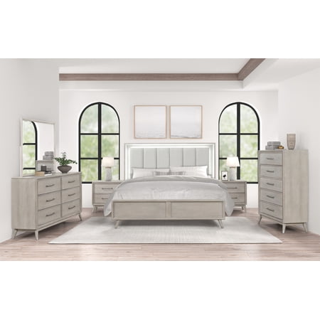 Roundhill Furniture Seluna 6-Piece Bedroom Set with Touch LED Lighting Gray Oak Finish King