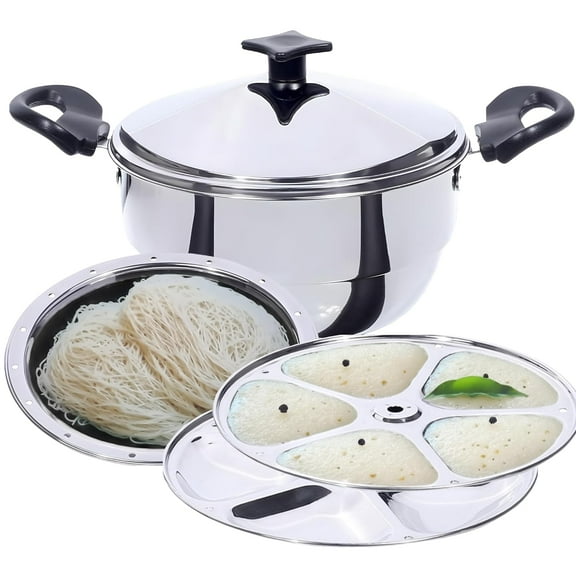 Stainless Steel Idli Cooker Kadai With 3 Plates - Silver | 2 Triangle Idli Plates   1 Momo Or Idiyappam Plate - Idly Maker Momo Steamer| Multi Kadai For Idli, Dhokla, Mini Idlies, Modaks