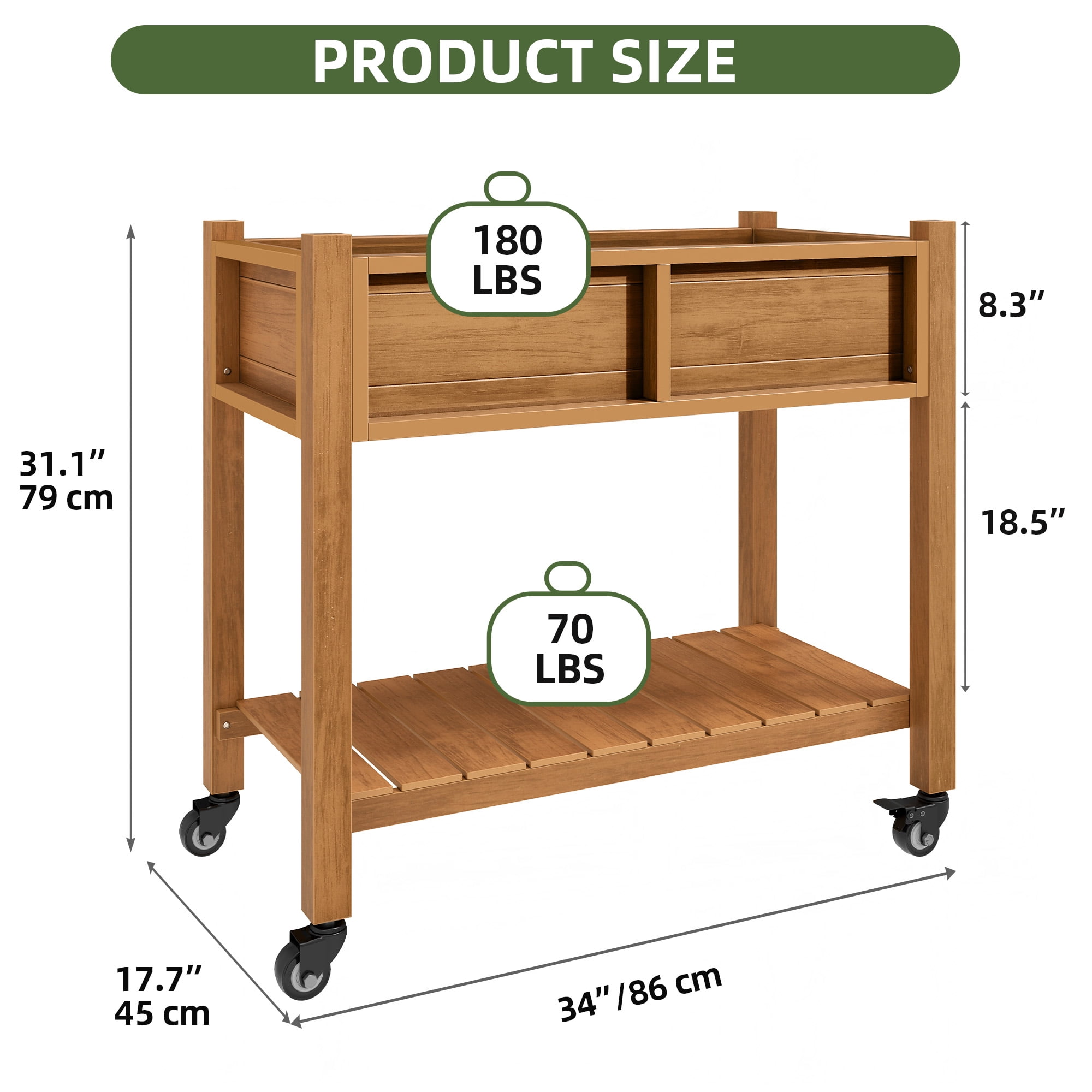 Uforic Elevated Planter Box with Wheels, Weatherproof HIPS Raised Garden Bed with Drainage, Natural