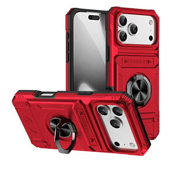 ELEHOLD for iPhone 17 Pro Rugged Hard Case with Metal Ring Holder Kickstand Work with Magnetic Car Mount Hidden Card Slot Pocket Shockproof Protective Cover,Red
