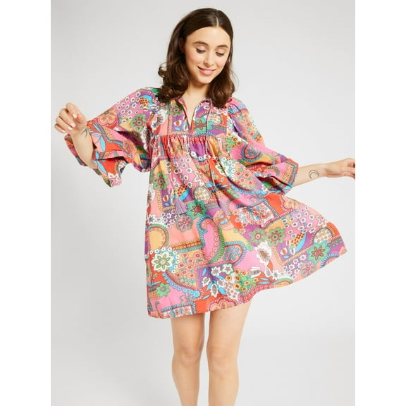Rdhnmea Women's Babyoll Dress Floral Print Long Sleeves V-Neck Loose Dress