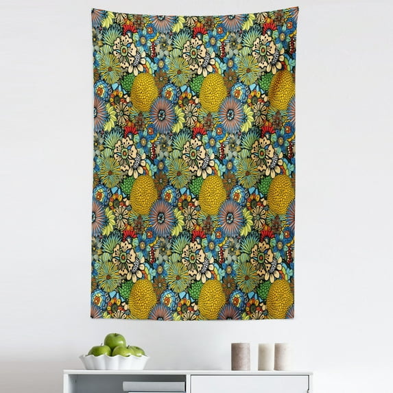Garden Tapestry, Whimsical Florist Pattern with Doodle Funny Plants Rich Summer Nature, Fabric Wall Hanging Decor for Bedroom Living Room Dorm, 5 Sizes, Multicolor, by Ambesonne