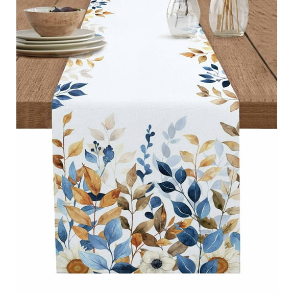 Blue Orange Botanical Burlap-Cotton Table Runner 70 Inches Long,Fall Eucalyptus Leaves Farmhouse Table Runners,Outdoor Dining Tablecloths Decor for Baby Shower Party Wedding 13x70