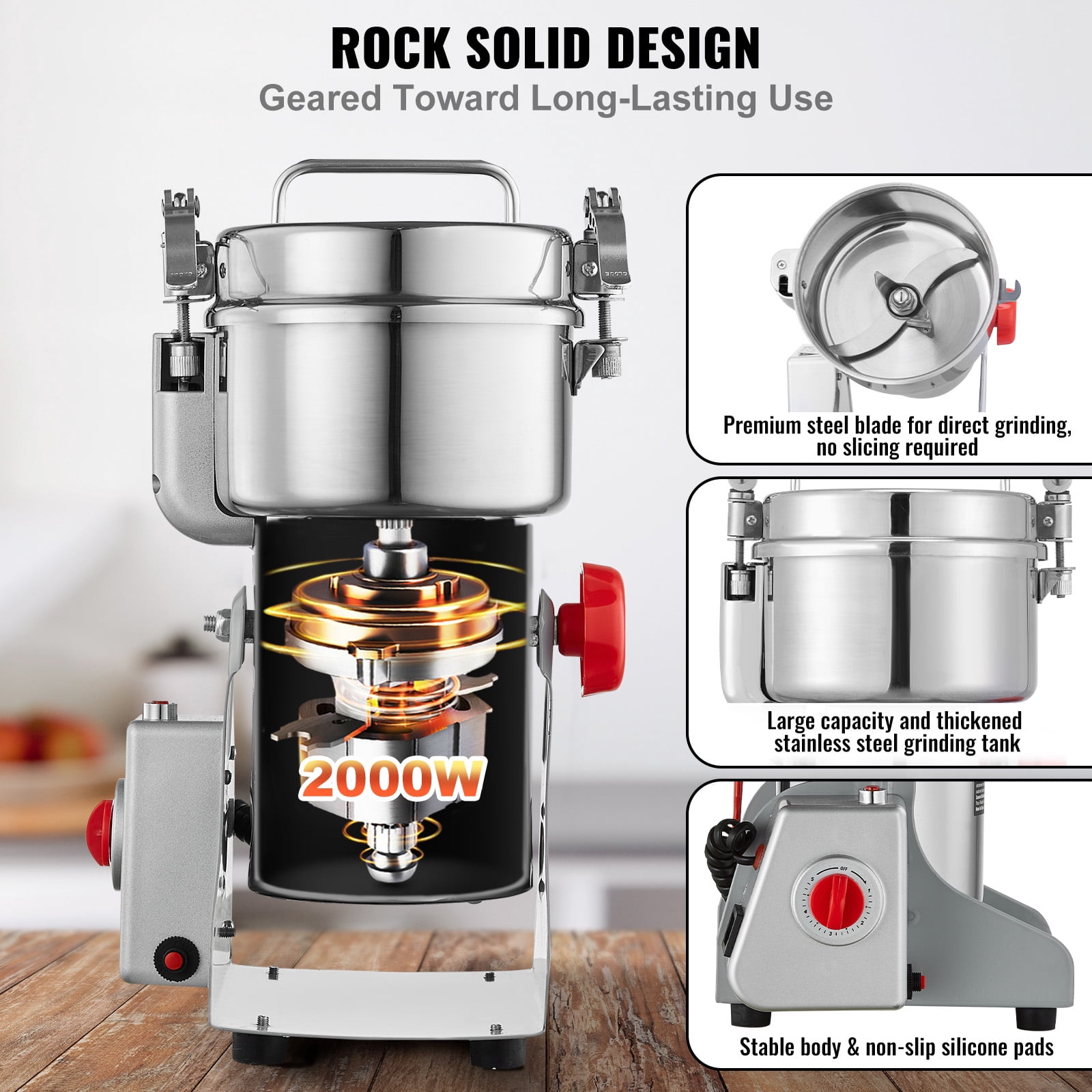 KFFKFF 500g Electric Grinder, 2000W Speedy Grain Mill, Stainless Steel for Dry Ingredients, Spices, Coffee, Corn, Swing Design