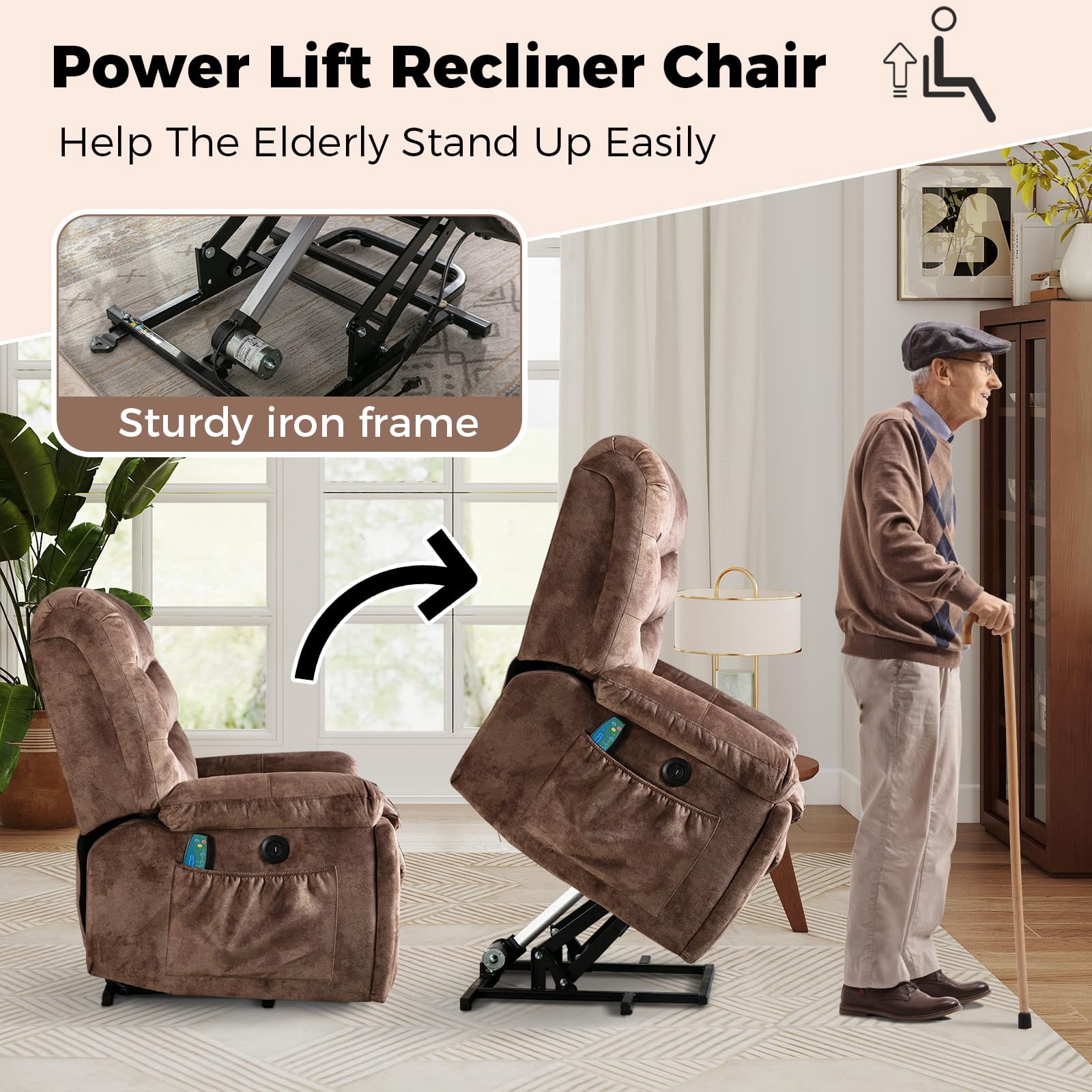 Ebello 40.5" Wide Extra Large Microfiber Electric Heated Massage Lift Recliner Living Room Chair with 2 Cup Holders, Brown