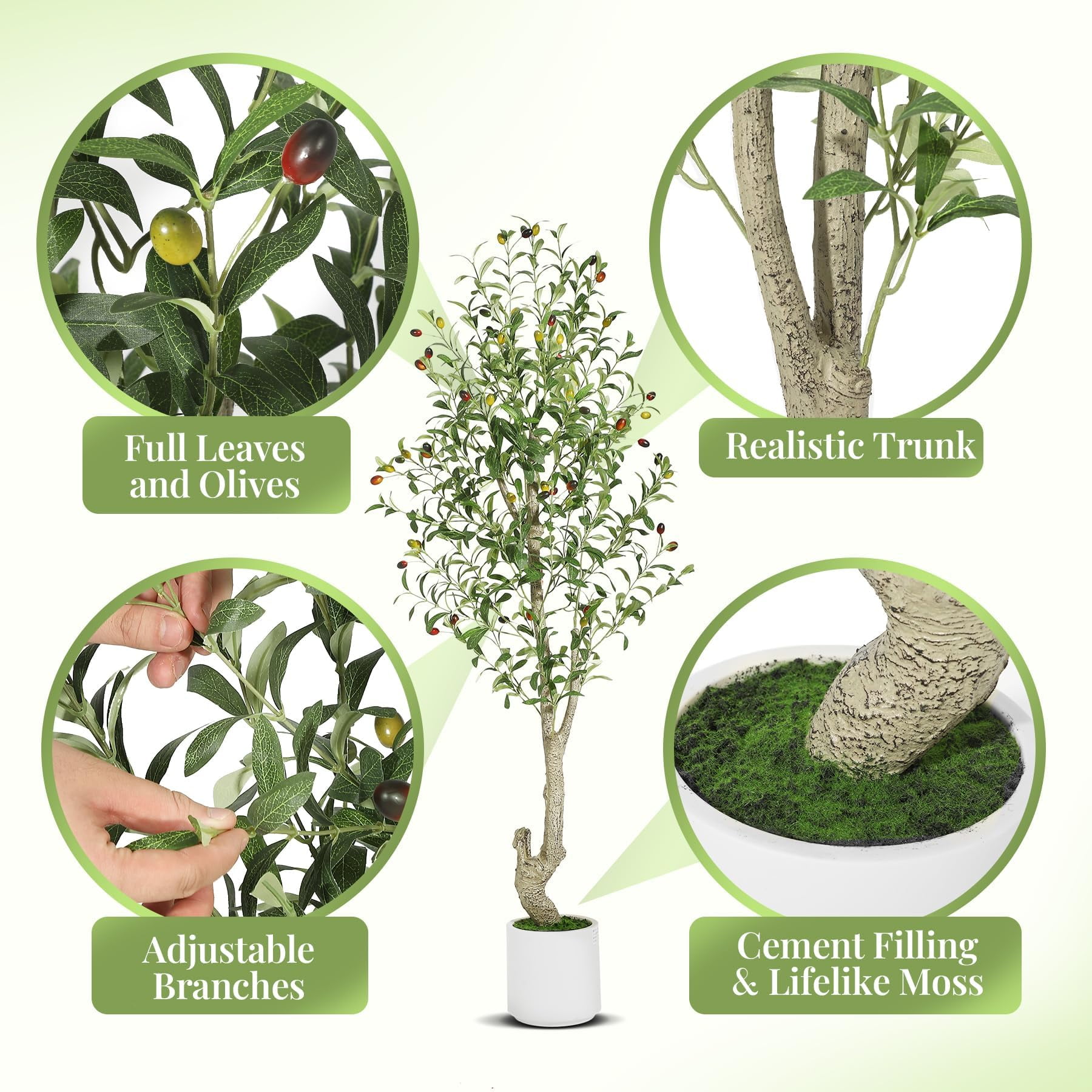 BouPower Artificial Olive Tree, Tall Faux Olive Tree with Natural Wood Trunk, Lifelike Fruits, White Planter and Green Fake Moss, UV Resistant Potted Plant for Home Office Living Room Foyer Decor