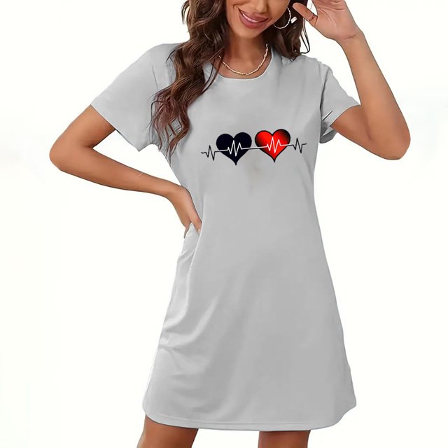 Xysaqa Chemises de Nuit & Nuisettes Robe de Pyjama Imprimée Manches Courtes Vêtements de Nuit Doux Respirant T-Shirt de Nuit pour Femmes Liquidation Gris TG
