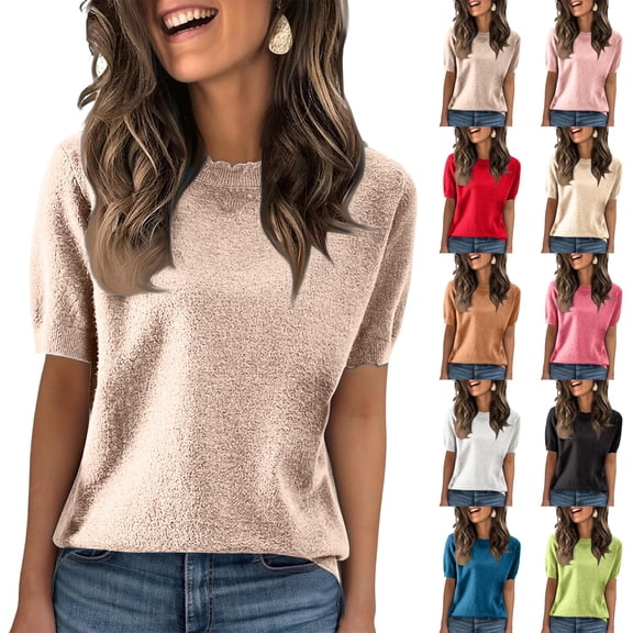 Lumtrix Womens Spring Summer Knit Shirts Casual Short Sleeve Sweater Dress Loose Ruffle Crew Neck Tops Khaki M