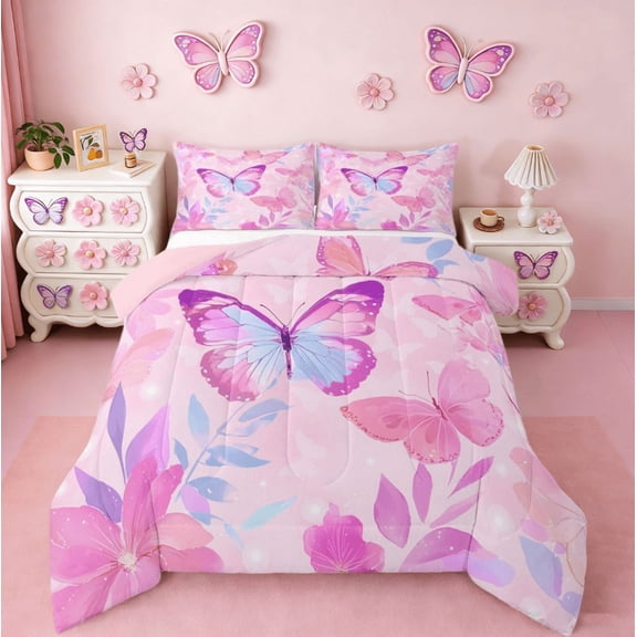 jejeloiu Chic Butterfly Bedding Comforter Set,Pink Plant Leaves Twin Comforter Sets,Butterflies Silhouette Bedding Set For Girls,Luxury Bedroom Decor Reversible,2pcs