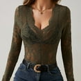 thumbnail image 3 of Top de malla transparente para mujer, manga larga, cuello alto con encaje floral, blusa transparente - Camisa ligera con capas, color negro, 3 of 4