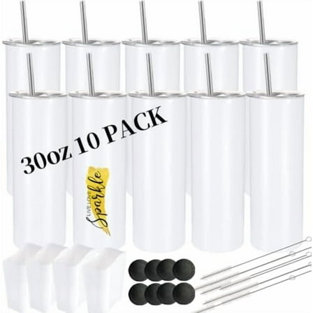 10 Pack Sublimation Tumblers Bulk 30oz - Blanks Straight Skinny Tumbler White Stainless Steel Insulated Sublimation Tumblers Polymer Coating for Heat Transfer with Straws, Lids$$Art & Craft