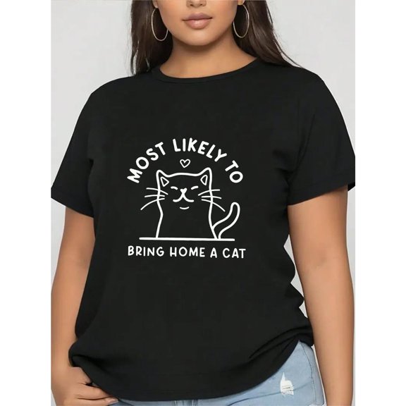 Womens Cat Graphic Tee T-Shirt Cotton Top Cat Design Soft Stretch Round Neck Short Sleeve Casual Black S-5XL