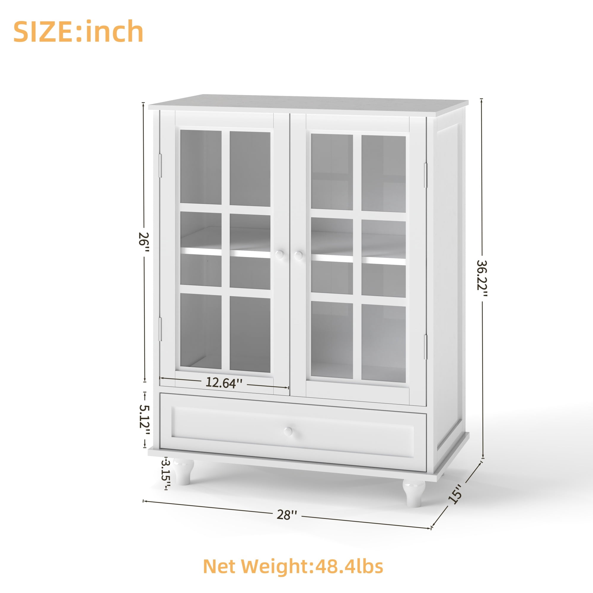 Jopath Buffet Cabinet with Double Glass Doors and Drawer, Modern Wooden Storage Sideboard Cupboard for Living room Dining Room Hallway Entryway White