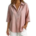 thumbnail image 3 of Lenpel 3/4 Length Sleeve Womens Tops Striped Fall Trendy Button Lapel Shirts Dressy Casual Oversized Lightweight Blouses, 3 of 6