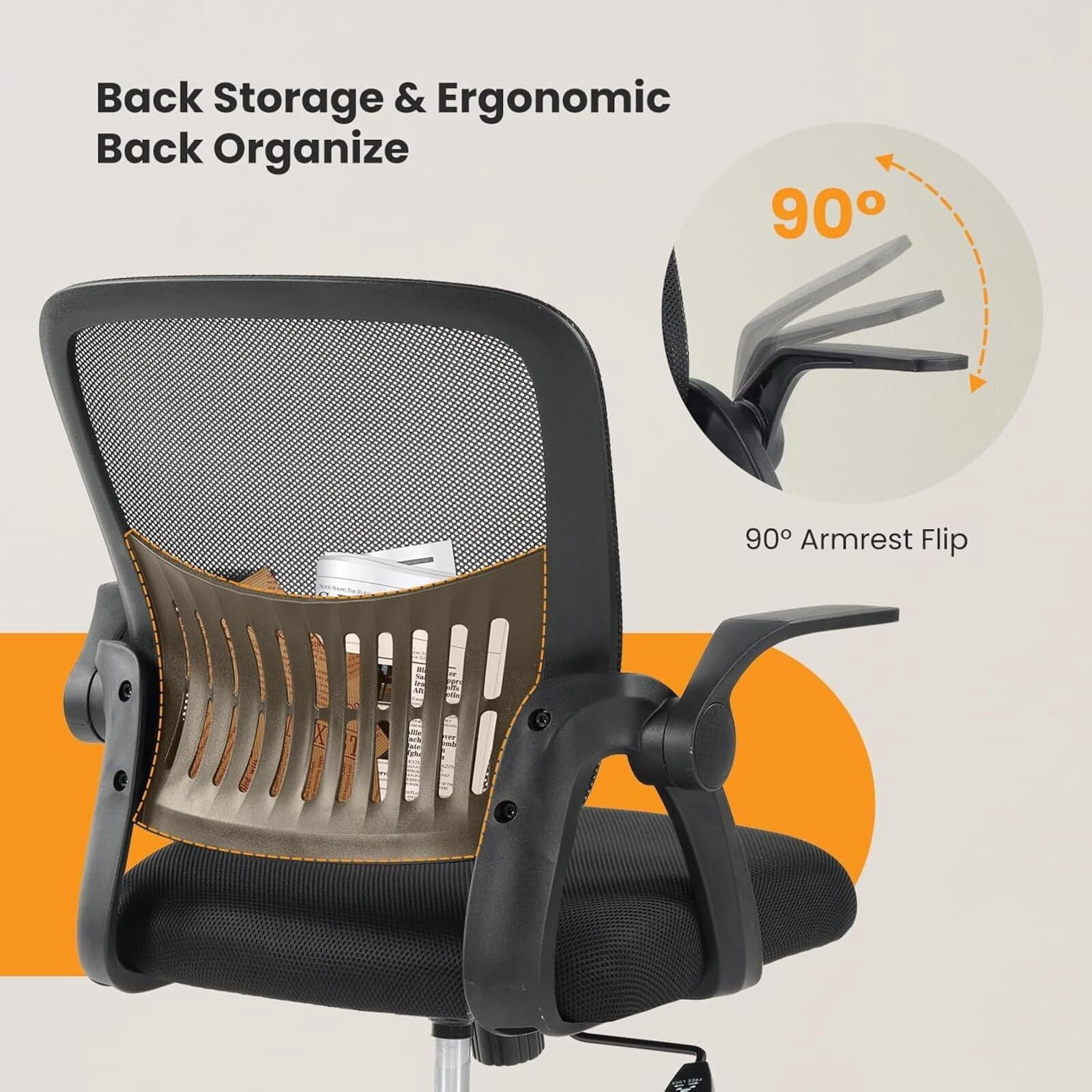Kelno Ergonomic Mesh Office Chair Mid Back Desk Chair with Lumbar Support Flip-up Armrests Adjustable Height Swivel Task Chair, Black