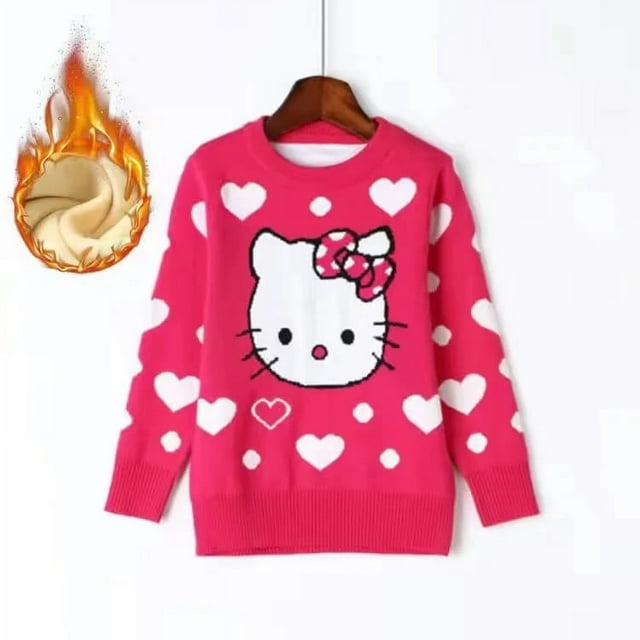 Hello Kitty Chandail Col Rond en Peluche Épaissie Dessin Animé pour Enfants Filles Chandail en Coton Automne Hiver Mode