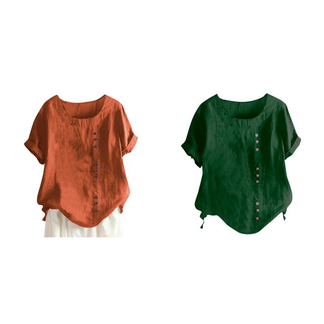 (2-Pack) Rinsvye Women's Solid Color Round Basics Long Sleeved T Shirt Women Neck Raglan Sleeve Hem T Neck Tops for Women Slit Loose Short Sleeve Fall Tees for Women Button Decoration Casual Tops T