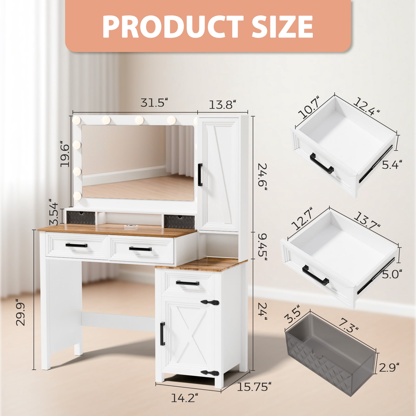 MAYEERTY 45.3" Vanity Desk with LED Lighted Mirror, Modern White Makeup Table with Charging Station & Jewelry Cabinet for Bedroom