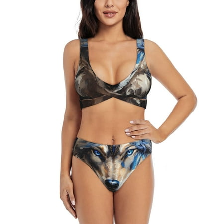 Zeuib Vintage Blue Floral Wolf High Waisted Tummy Control Bikini Set - Knot Front Push Up Top & Cheeky Thong Bottom  Two-Piece Swimsuit for Women-X-Large