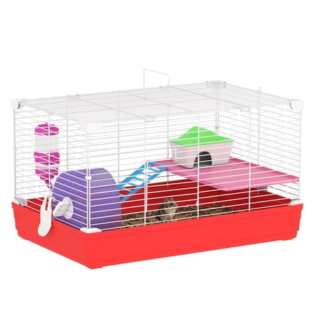 Hamster Cage 18.5", 2-Story Small Animal Habitat with Wheel & Bottle, Rat House for Gerbils, Red