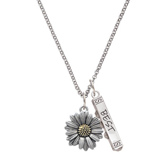 Delight Jewelry Two-tone Large Daisy Flower Silvertone Best Friends Forever Bar Charm Necklace, 23"