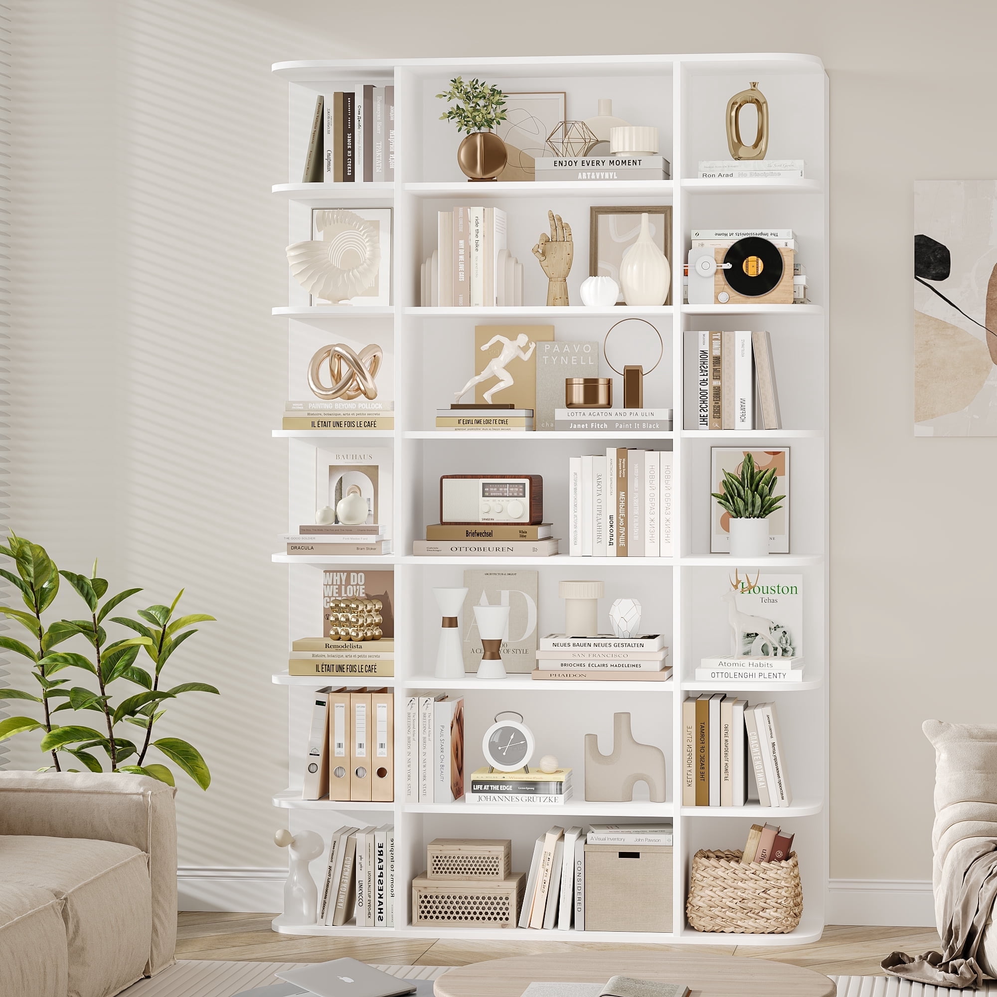 Homfa 7-Tier Triple Wide Bookcase, 84.6" Tall Bookshelf with Curved Display Shelves for Living Room Home Office Study, White