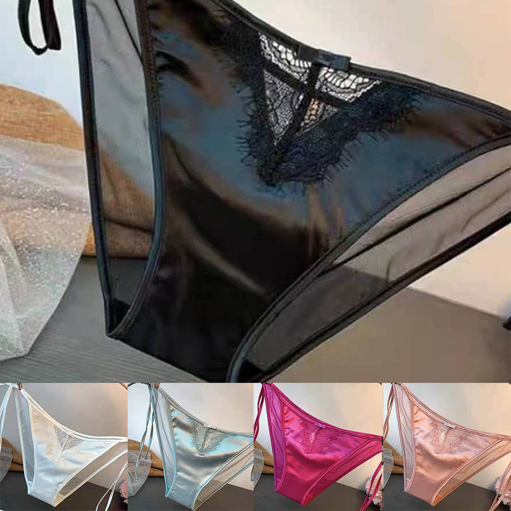 ALSLIAO Sexy Womens Satin Silk Thong Underwear Bra Panties T-Back Lace Up Lingerie  Purple 