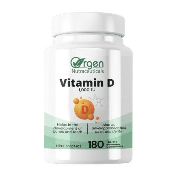Orgen Nutraceuticals Vitamin D 25mcg (1,000IU), 180 Comprimés, Aide au Développement et au Maintien des Os et des Dents