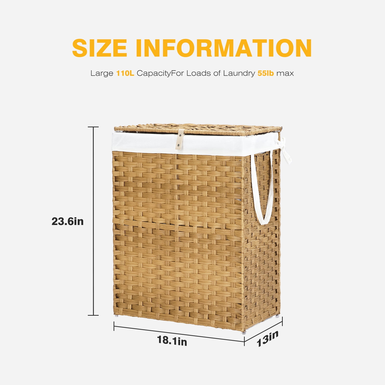 CONCETTA Laundry Hamper with lid, No Install Needed, 90L Wicker Laundry Baskets Foldable Removable Liner Bags, Yellow