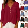 thumbnail image 5 of Duoif Womens Tops Womens Cotton Linen Tops Spring Fashion 2026 Long Sleeve V Neck Button Shirts Casual Loose Summer Wine XL, 5 of 9
