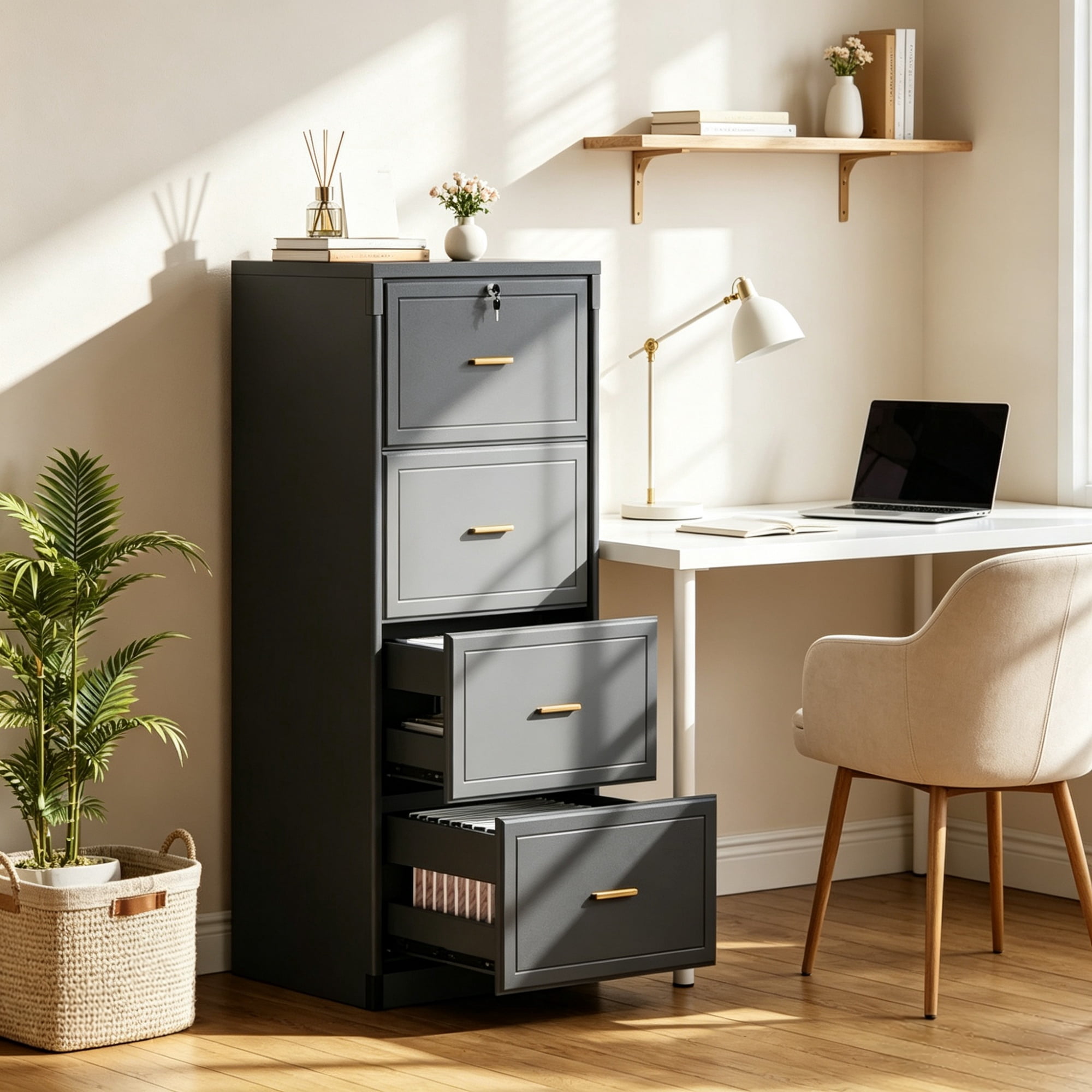 Astoutdoor 4-Drawer Vertical Filing Cabinet, MDF, 54.92 in Long, Black Linen Finish