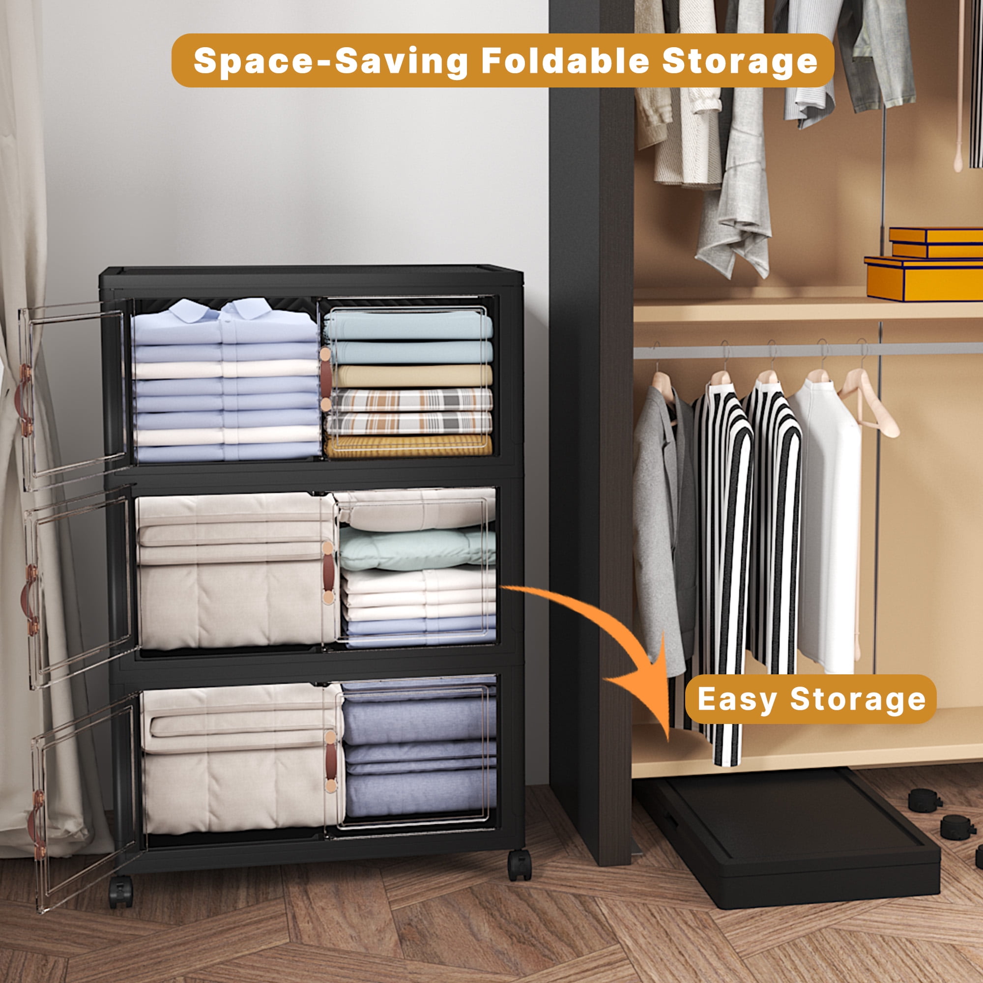 UAMFURI 336QT Stackable Storage Bins with Lids and Wheels, Foldable Closet Organizers, 28GAL*3Pack Plastic Storage Drawers for Kitchen, Bedroom, Dorm