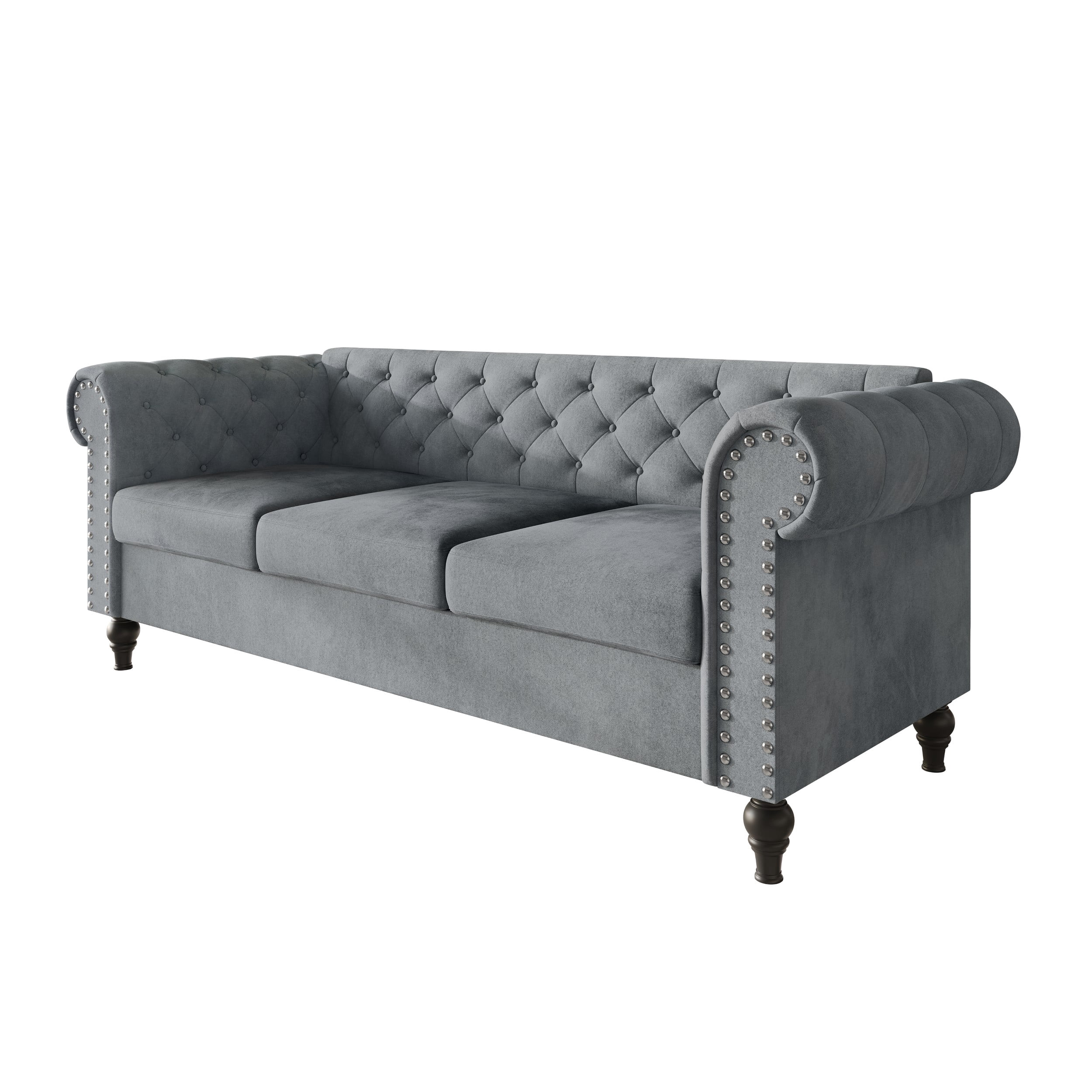 Home Design Kelso Velvet Rolled Arm Sofa with Deep Button Tufting, Nailhead Trim and Turned Legs, Gray