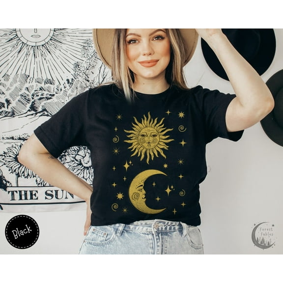 Vintage Sun Moon & Stars Cosmic Shirt, Celestial Boho T-Shirt, Whimsigoth Tee, Gift For Her, Sun Face Goblincore TShirt, Witchy Shirt