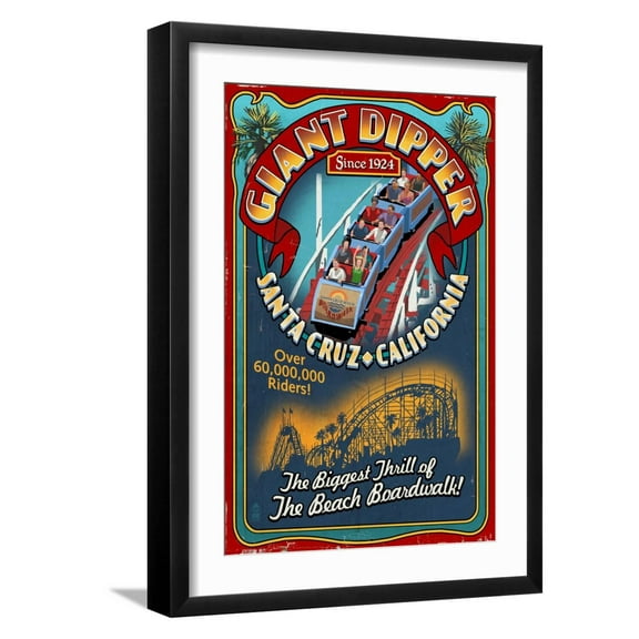 Art.com Santa Cruz, California - Giant Dipper Roller Coaster Vintage Sign Art Print by Lantern Press, Black Frame Wall Art, 17" x 23"