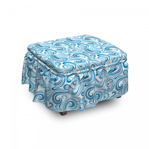 Nautical Ottoman Cover, Abstract Sea Waves, 2 Piece Slipcover Set with Ruffle Skirt for Square Round Cube Footstool Decorative Home Accent, Standard Size, Blue Baby Blue and White, by Ambesonne