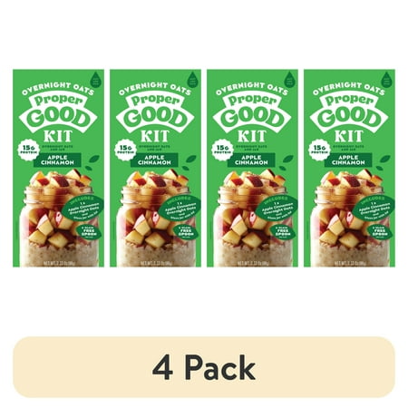 (4 pack) Proper Good Apple Cinnamon Overnight Oats Kit, 15g Protein, Shelf-Stable, 2.33 oz Packet, Glass Jar