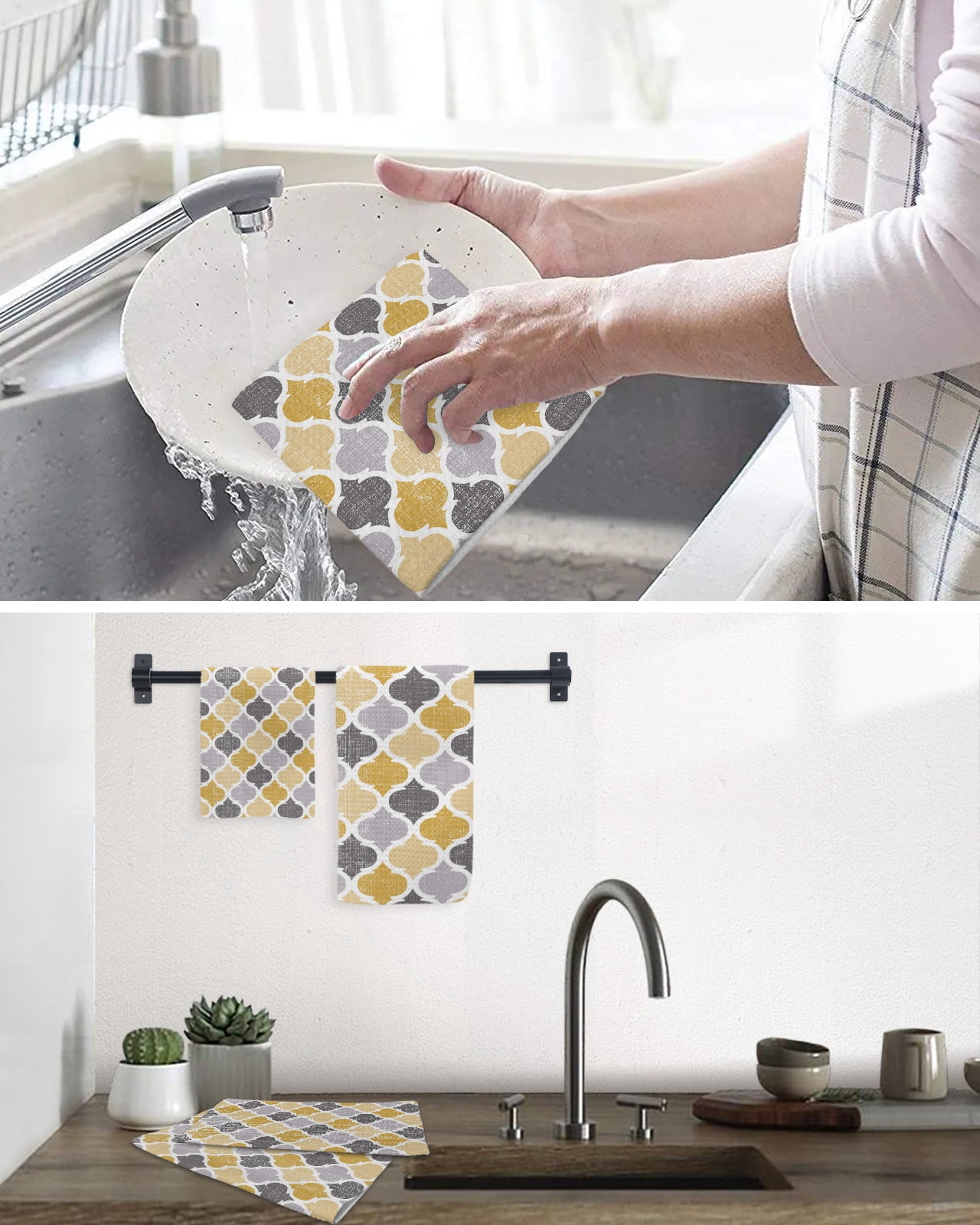 Moroccan Kitchen Dish Towels for Drying Dishes Set of 2, Vintage Moroccan Texture Yellow Grey Waffle Weave Microfiber Hand Tea Bathroom Towels Quick Dry & Absorbent Towel 15.7x23.6
