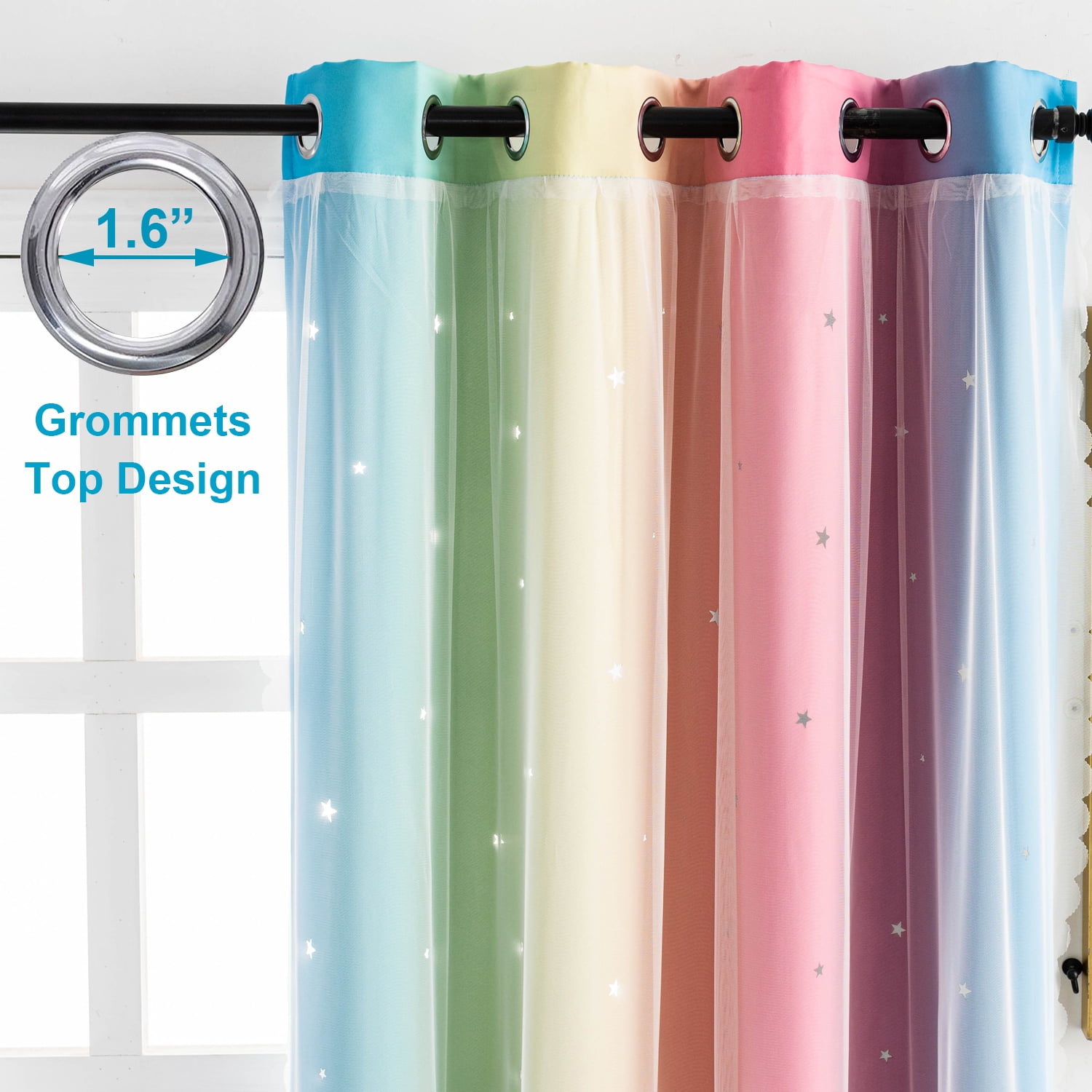 Anjee Stars Blackout Curtains for Girls Bedroom, Grommet Top 2 in 1 Double Layer Rainbow Window Curtains with Sheer, for Kids Nursery Playroom Childcare Room, 52" x 63"