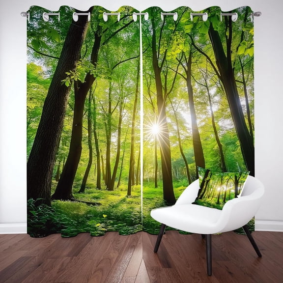 Misty Sunshine Woodland Tree Blackout Curtains For Bedroom, Jungle Landscape Grommets Curtains Room Darkening Soundproof Thermal Insulated, Nature Scenery Drapes 26"W x 84"L (Pack of 2)