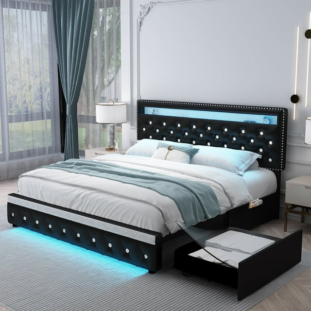 SIBEDS PU Leather Black LED Bed Frame with Adjustable Headboard and 2 Drawers Pockets, Queen