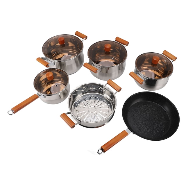 Cooking Stainless Steel Cookware Set Wooden Handle Multifunctional Kitchen Cooking Set for Steaming Boiling Making Soup